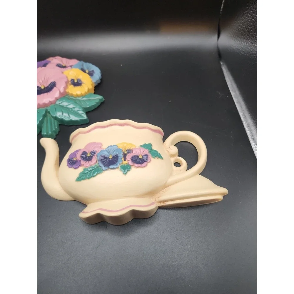 Vintage Burwood‎ Pansy Flower & Teapot Wall Hanging Plaques